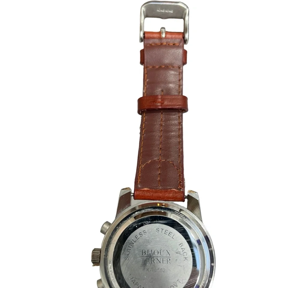 BIJOUX TERNER STAINLESS STEEL CHRONOGRAPH WRISTWATCH WITH BROWN LEATHER STRAP